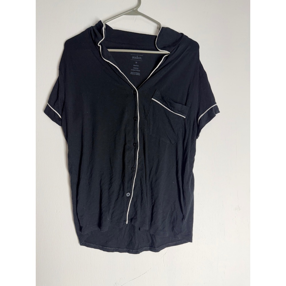 Auden Cloud Knit Pajama Top Black White Piping Button Down Sleep Shirt Medium